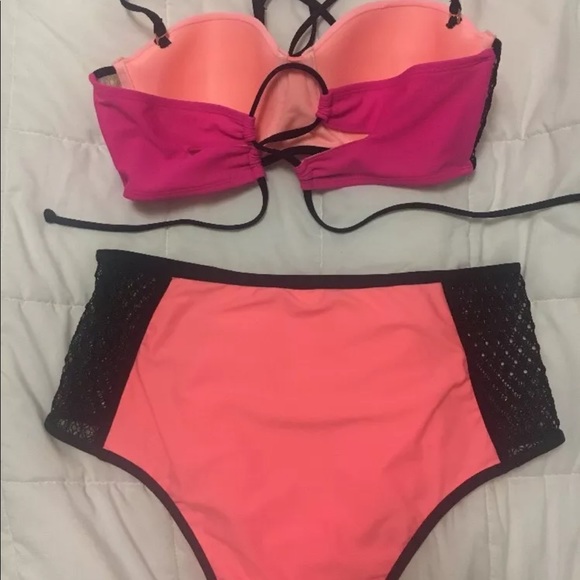 🆕XHILARATION CROCHET HIGH WAIST M STRAPLESS MESH BANDEAU XL NEON BIKINI SET - Picture 5 of 5